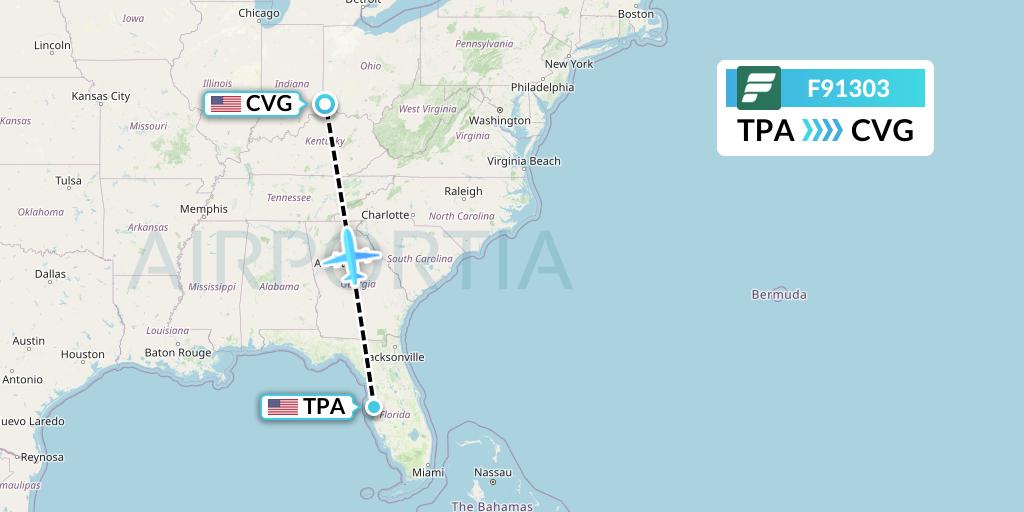 F91303 Frontier Airlines Flight Map: Tampa to Cincinnati