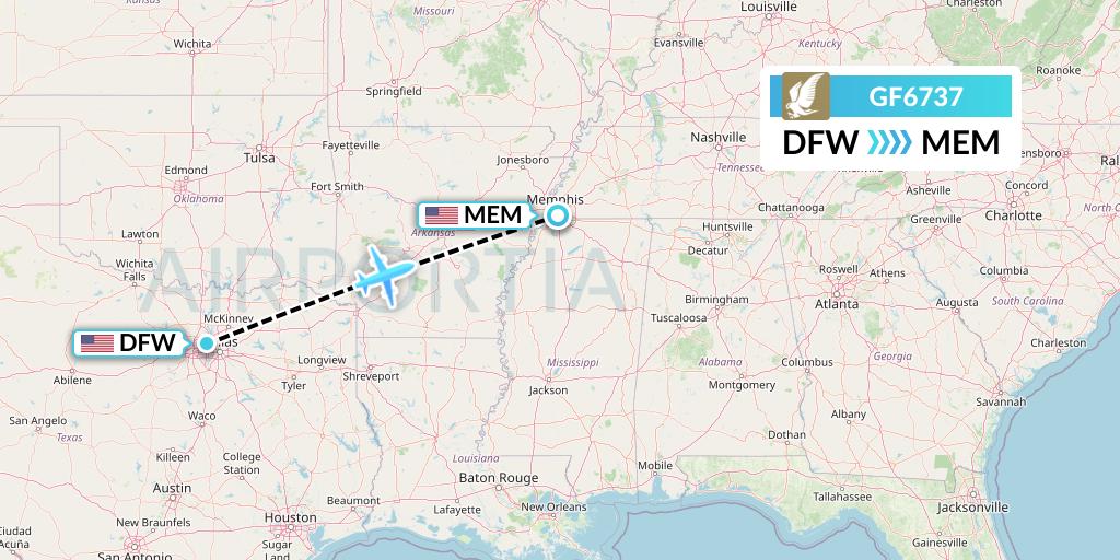 GF6737 Gulf Air Flight Map: Dallas to Memphis