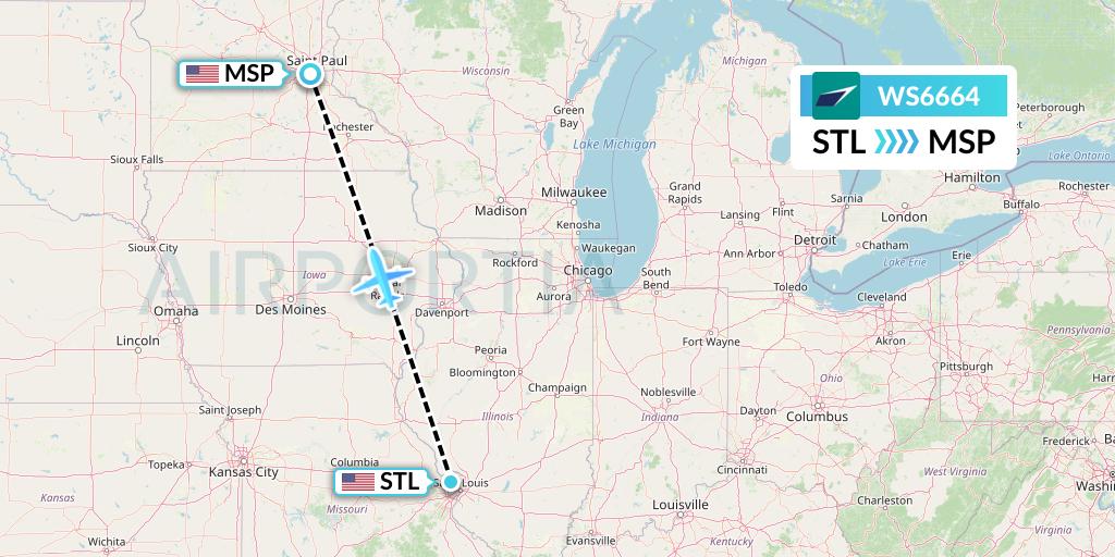 WS6664 WestJet Flight Map: St. Louis to Minneapolis