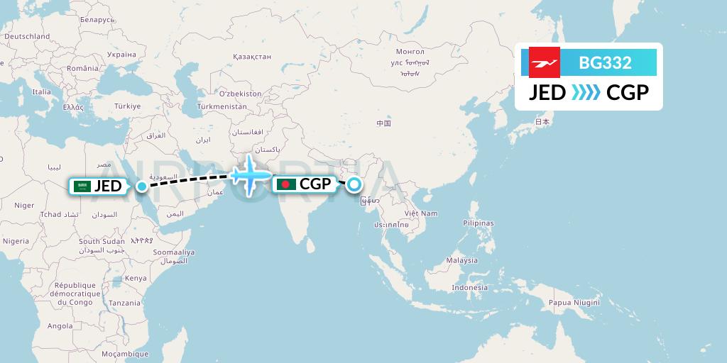 BG332 Biman Bangladesh Airlines Flight Map: Jeddah to Chittagong