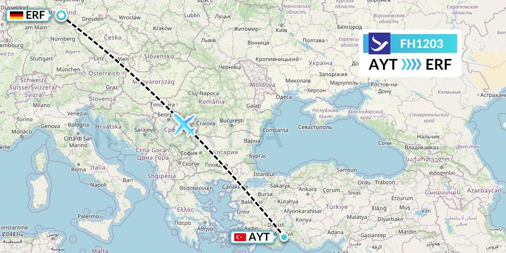 FH1203 Freebird Airlines Flight Map: Antalya to Erfurt