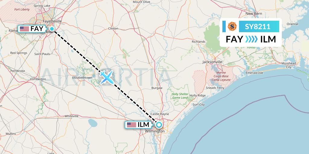 SY8211 Sun Country Airlines Flight Map: Fayetteville to Wilmington
