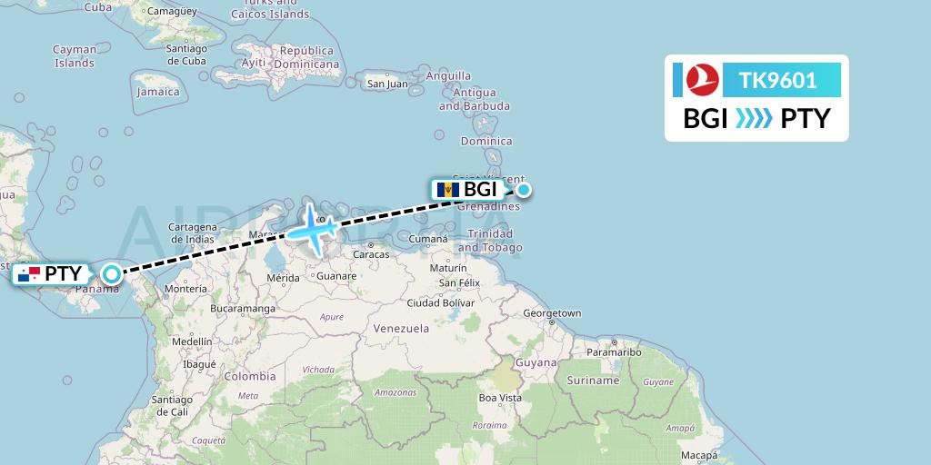 TK9601 Turkish Airlines Flight Map: Bridgetown to Panama City