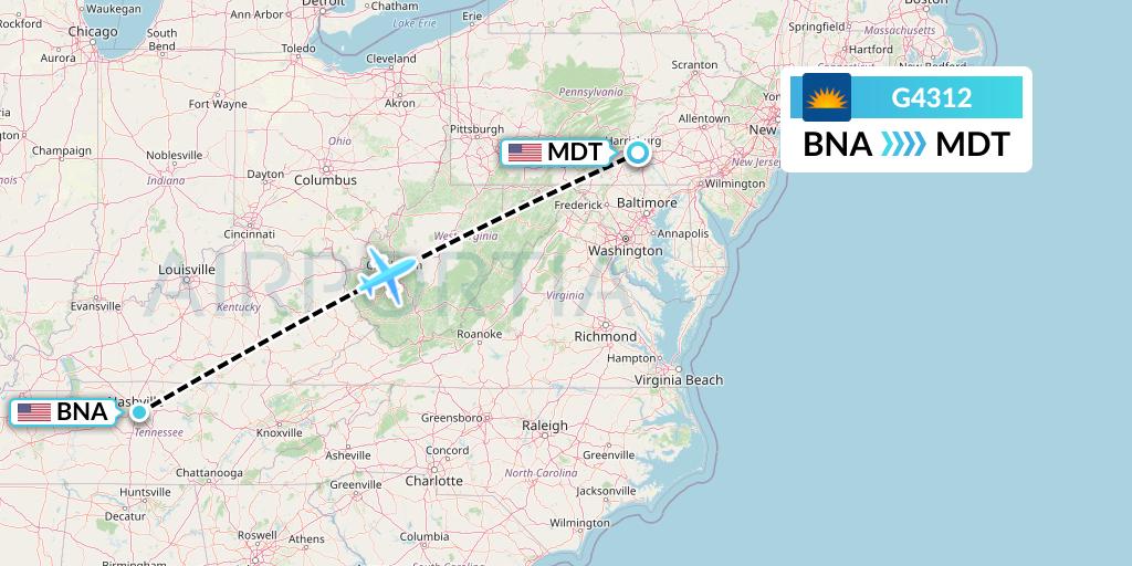 G4312 Allegiant Air Flight Map: Nashville to Harrisburg