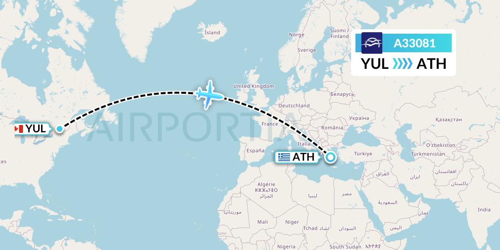 A33081 Aegean Airlines Flight Map: Montreal to Athens