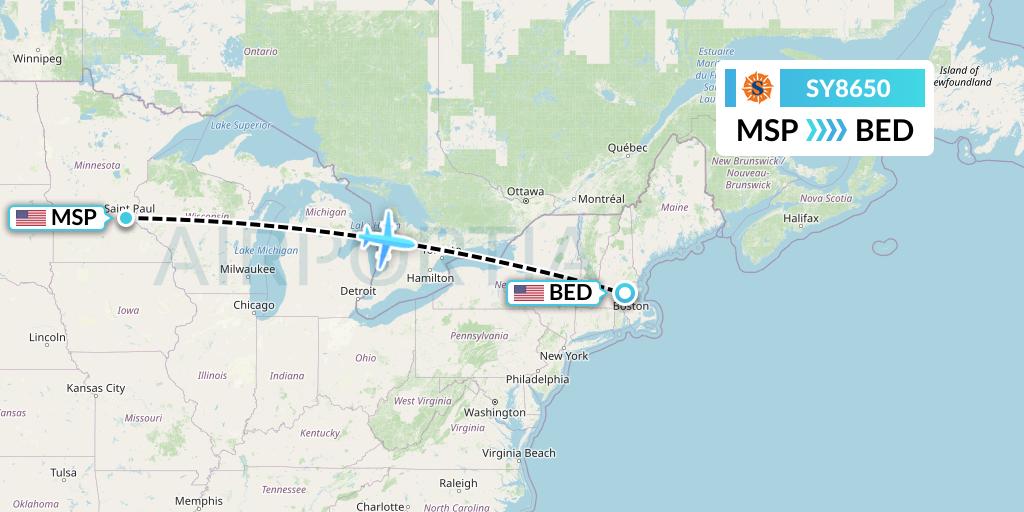 SY8650 Sun Country Airlines Flight Map: Minneapolis to Bedford