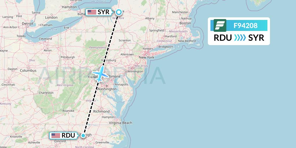 F94208 Frontier Airlines Flight Map: Raleigh-Durham to Syracuse