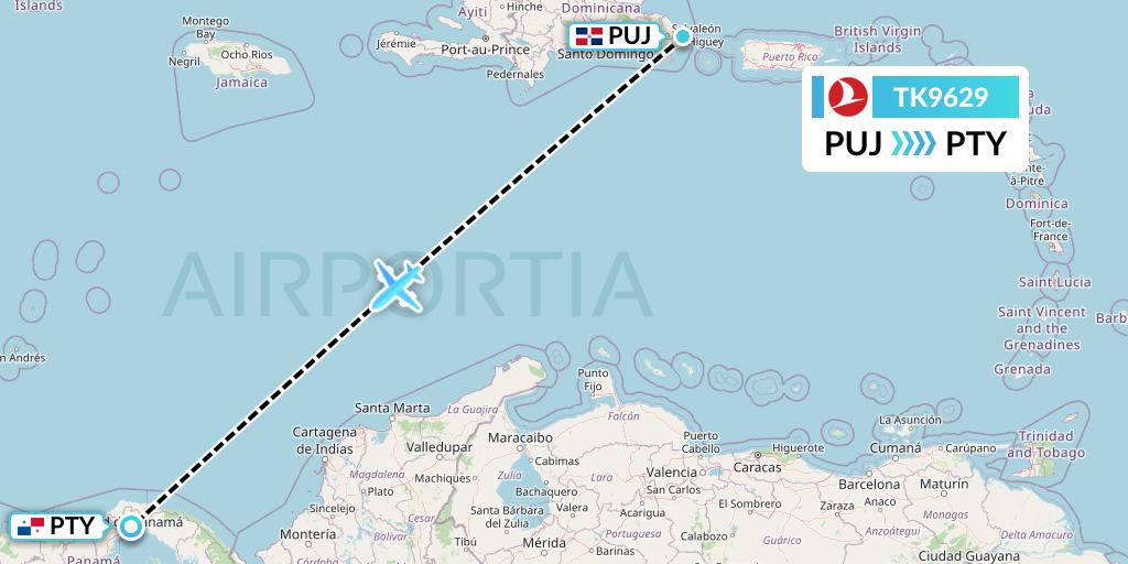 TK9629 Turkish Airlines Flight Map: Punta Cana to Panama City