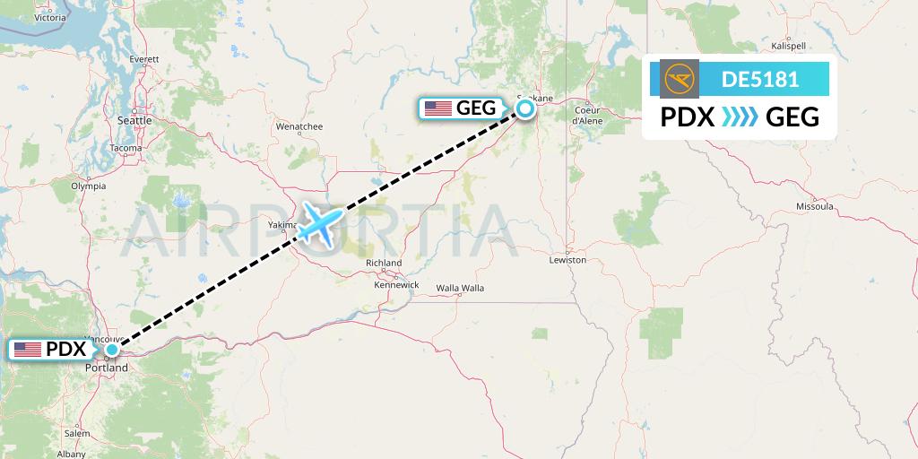 DE5181 Condor Flight Map: Portland to Spokane