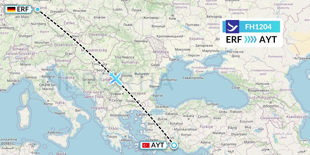 FH1204 Freebird Airlines Flight Map: Erfurt to Antalya