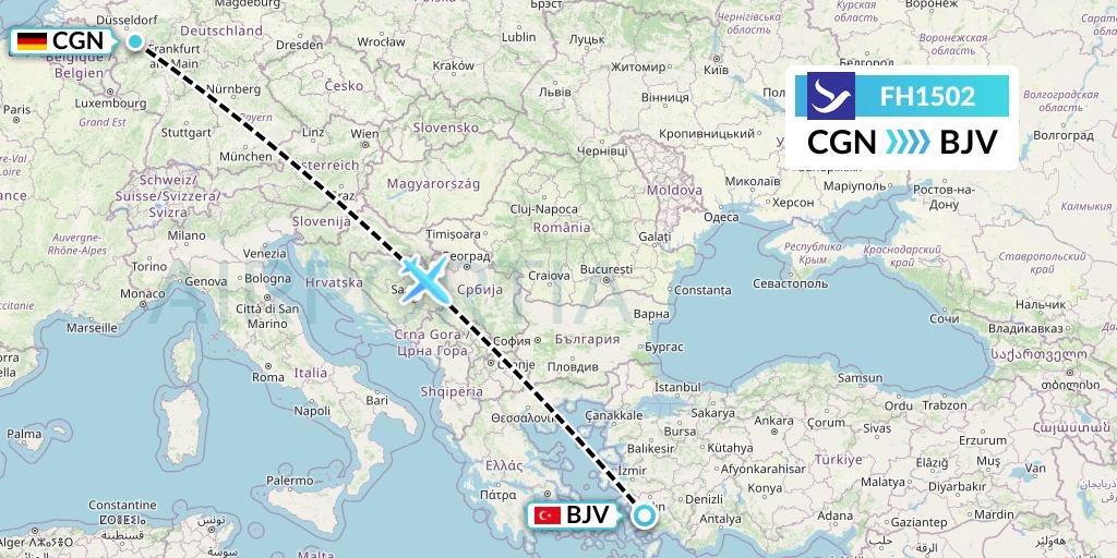 FH1502 Freebird Airlines Flight Map: Cologne to Bodrum