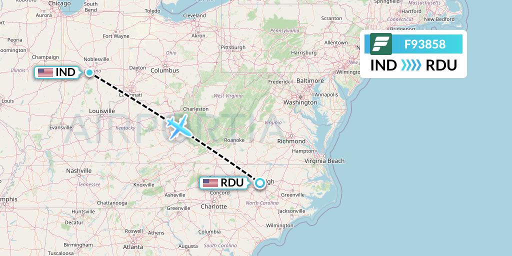 F93858 Frontier Airlines Flight Map: Indianapolis to Raleigh-Durham