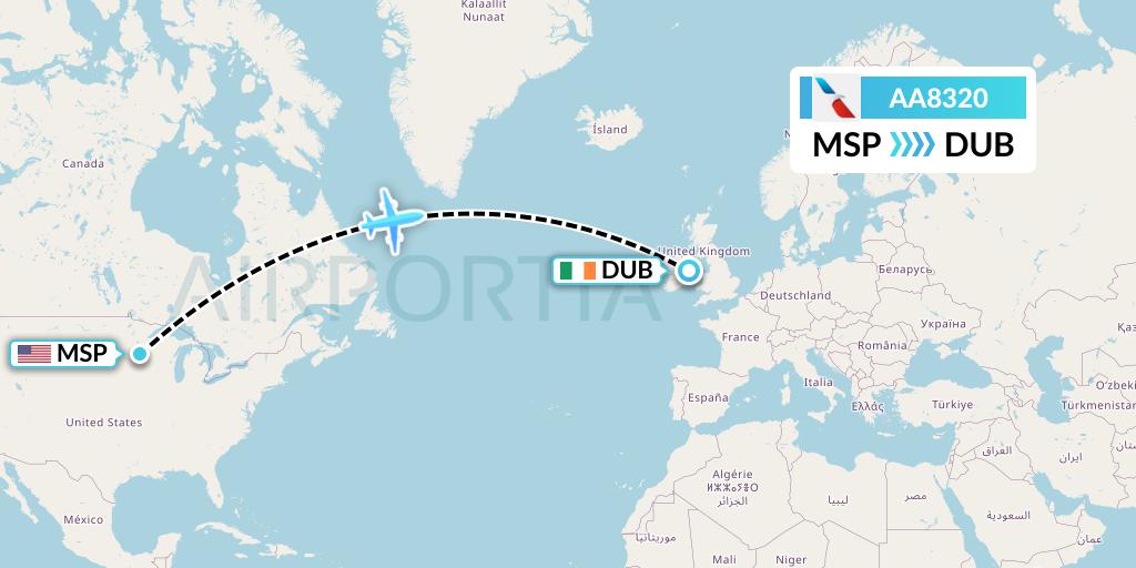AA8320 American Airlines Flight Map: Minneapolis to Dublin