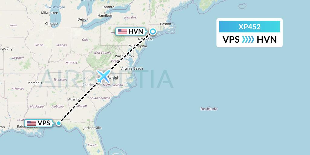 XP452 Avelo Airlines Flight Map: Valparaiso to New Haven