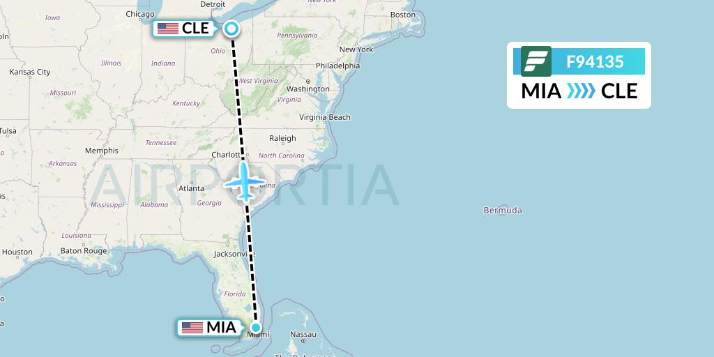 F94135 Frontier Airlines Flight Map: Miami to Cleveland