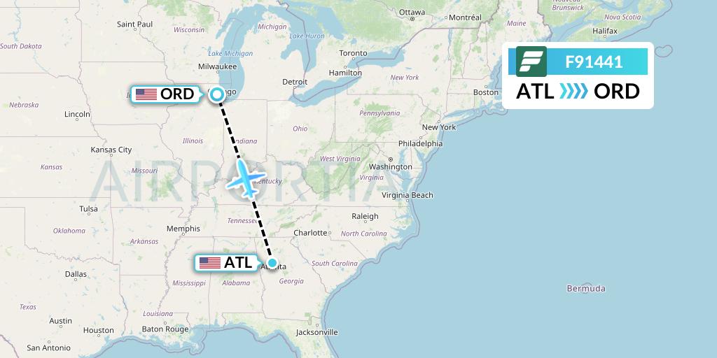 F91441 Frontier Airlines Flight Map: Atlanta to Chicago