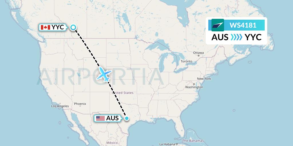 WS4181 WestJet Flight Map: Austin to Calgary