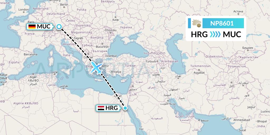 NP8601 Nile Air Flight Map: Hurghada to Munich