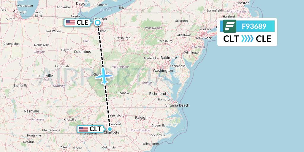 F93689 Frontier Airlines Flight Map: Charlotte to Cleveland