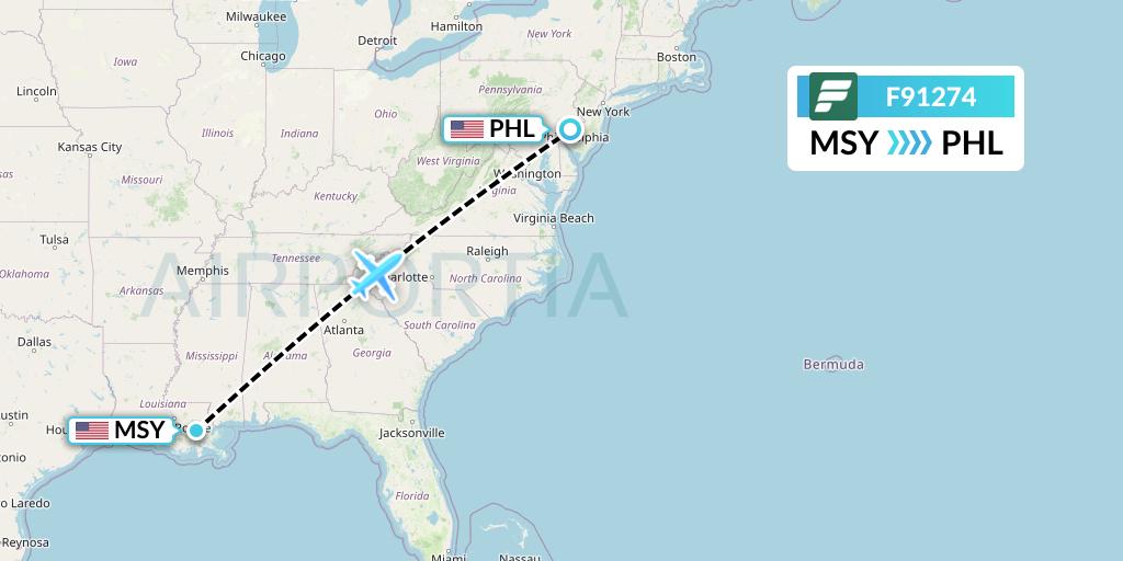 F91274 Frontier Airlines Flight Map: New Orleans to Philadelphia