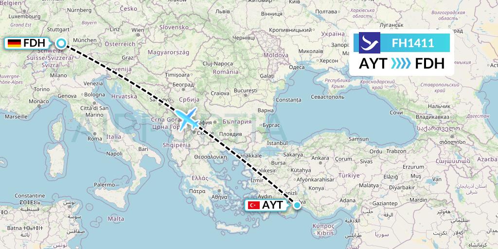 FH1411 Freebird Airlines Flight Map: Antalya to Friedrichshafen