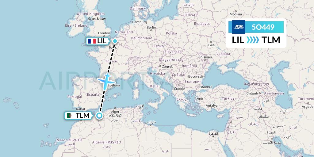 5O449 ASL Airlines France Flight Map: Lille to Tlemcen