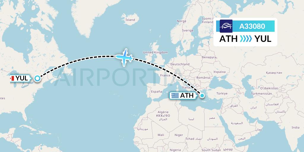 A33080 Aegean Airlines Flight Map: Athens to Montreal