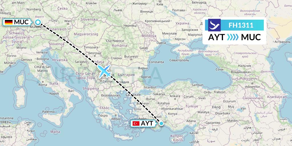 FH1311 Freebird Airlines Flight Map: Antalya to Munich