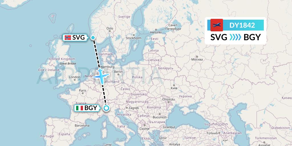 DY1842 Norwegian Flight Map: Stavanger to Milan