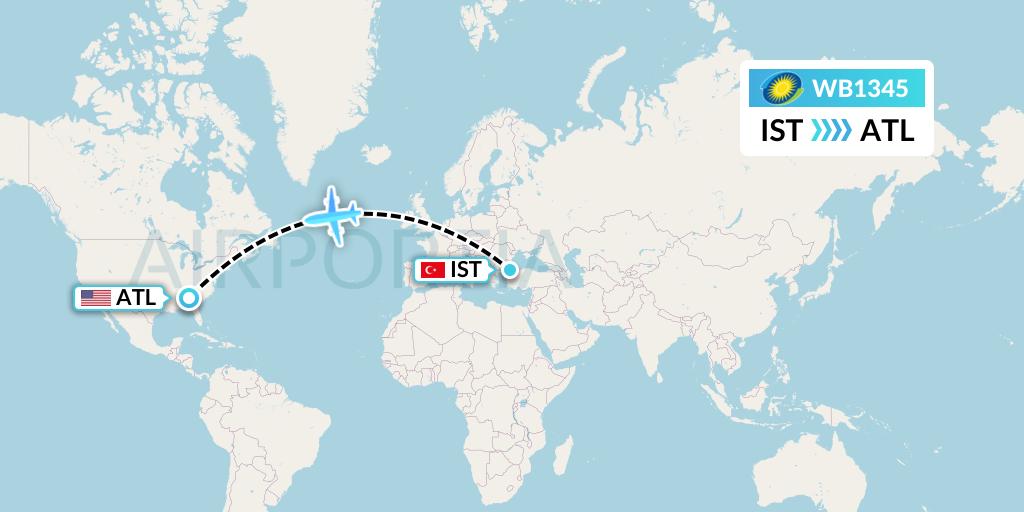 WB1345 RwandAir Flight Map: Istanbul to Atlanta