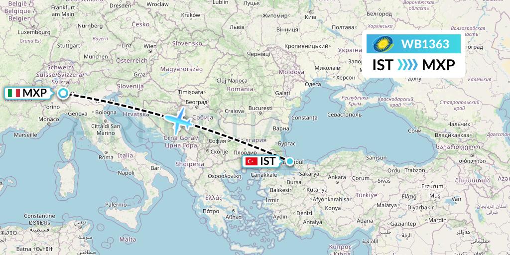 WB1363 RwandAir Flight Map: Istanbul to Milan
