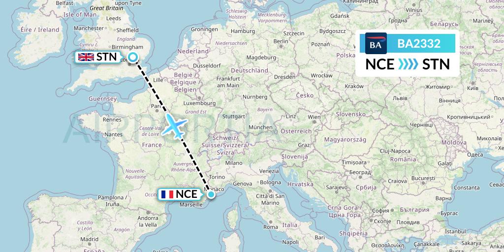 BA2332 British Airways Flight Map: Nice to London