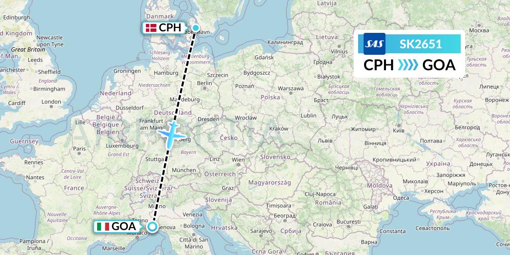 SK2651 SAS Flight Map: Copenhagen to Genoa
