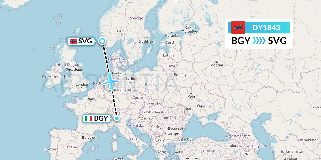 DY1843 Norwegian Flight Map: Milan to Stavanger