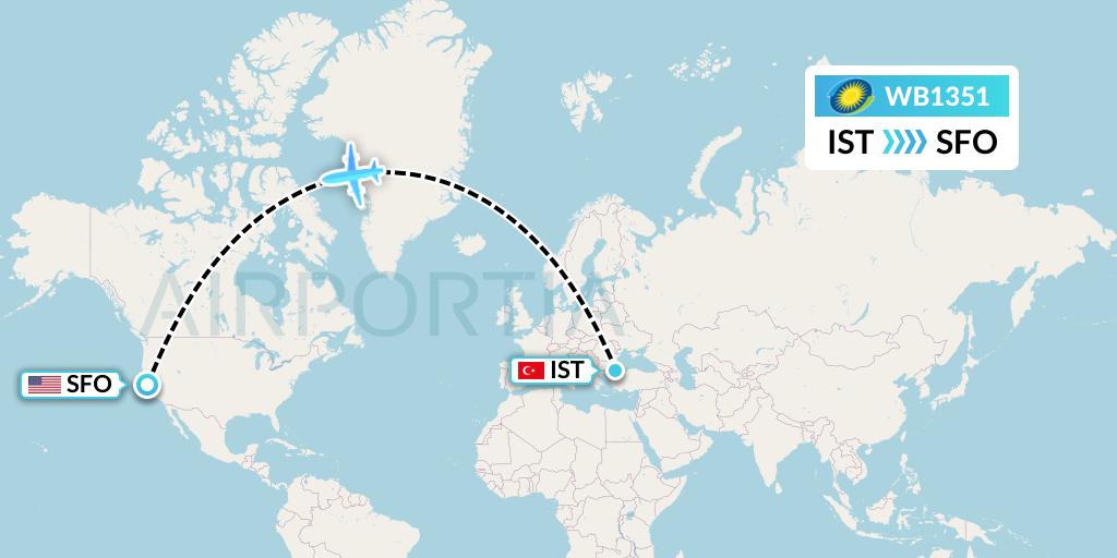 WB1351 RwandAir Flight Map: Istanbul to San Francisco