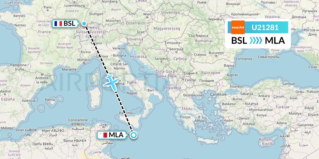 U21281 EasyJet Flight Map: Basel to Malta