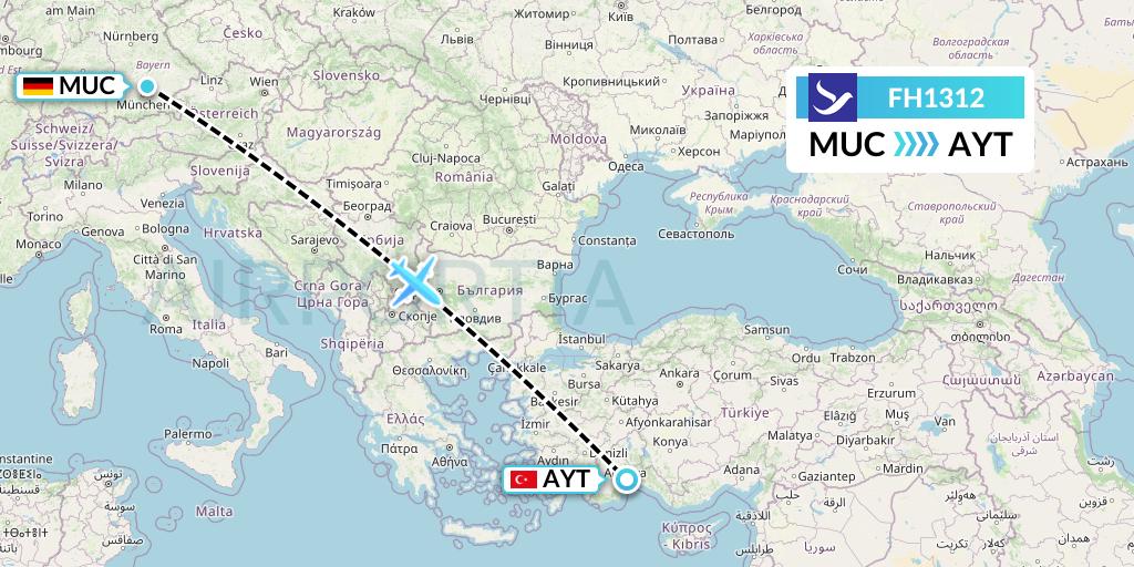 FH1312 Freebird Airlines Flight Map: Munich to Antalya