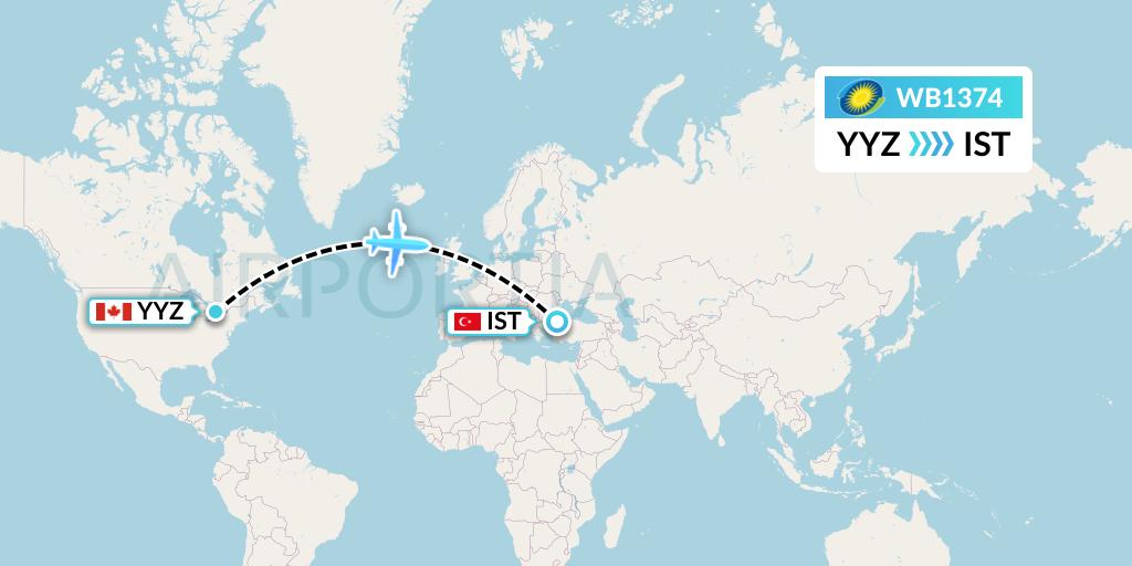WB1374 RwandAir Flight Map: Toronto to Istanbul