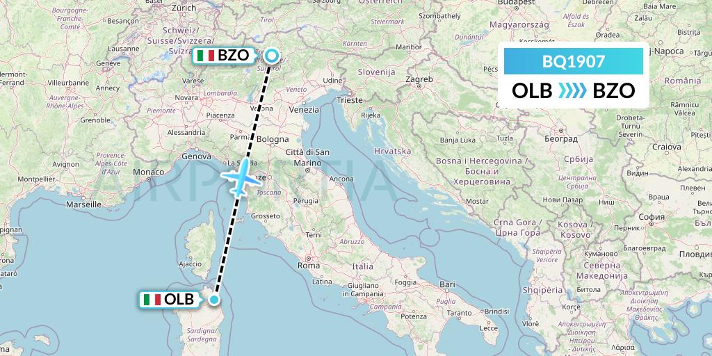 BQ1907 Skyalps Flight Map: Olbia to Bolzano