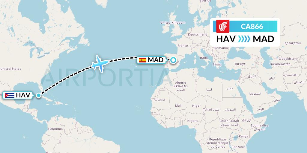 CA866 Air China Flight Map: Havana to Madrid