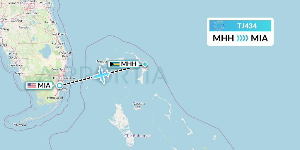 TJ434 Tradewind Aviation Flight Map: Marsh Harbour to Miami