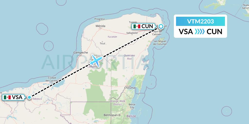 VTM2203 Aeronaves TSM Flight Map: Villahermosa to Cancun