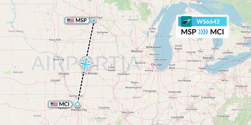 WS6643 WestJet Flight Map: Minneapolis to Kansas City