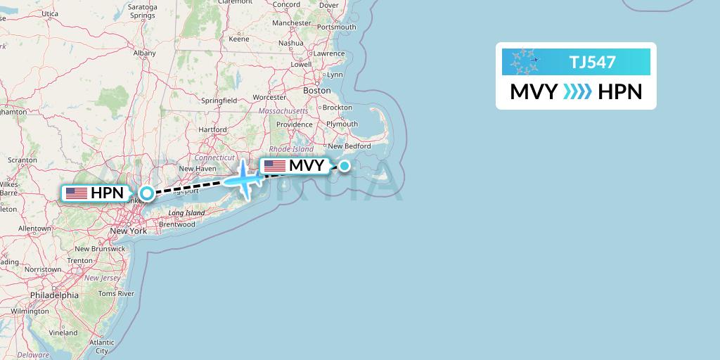 TJ547 Tradewind Aviation Flight Map: Martha's Vineyard to White Plains