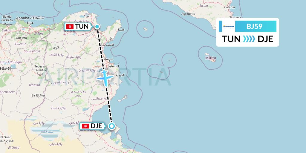 BJ59 Nouvelair Tunisie Flight Map: Tunis to Djerba