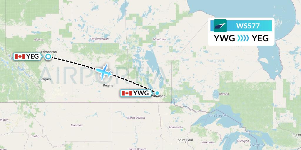 WS577 WestJet Flight Map: Winnipeg to Edmonton
