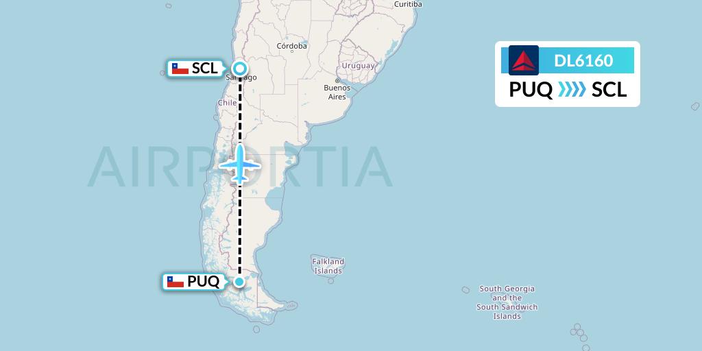 DL6160 Delta Air Lines Flight Map: Punta Arenas to Santiago