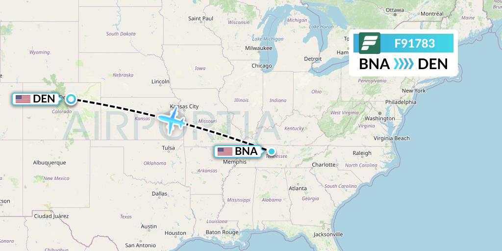 F91783 Frontier Airlines Flight Map: Nashville to Denver