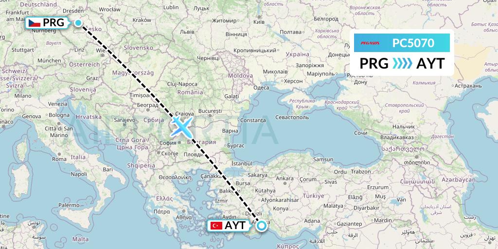 PC5070 Pegasus Airlines Flight Map: Prague to Antalya