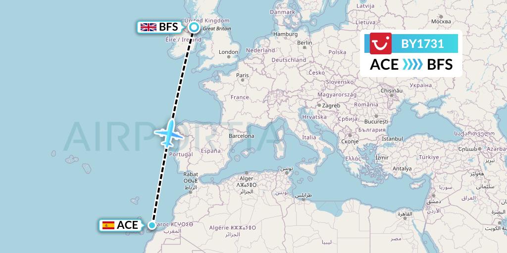 BY1731 TUI Airways Flight Map: Lanzarote to Belfast